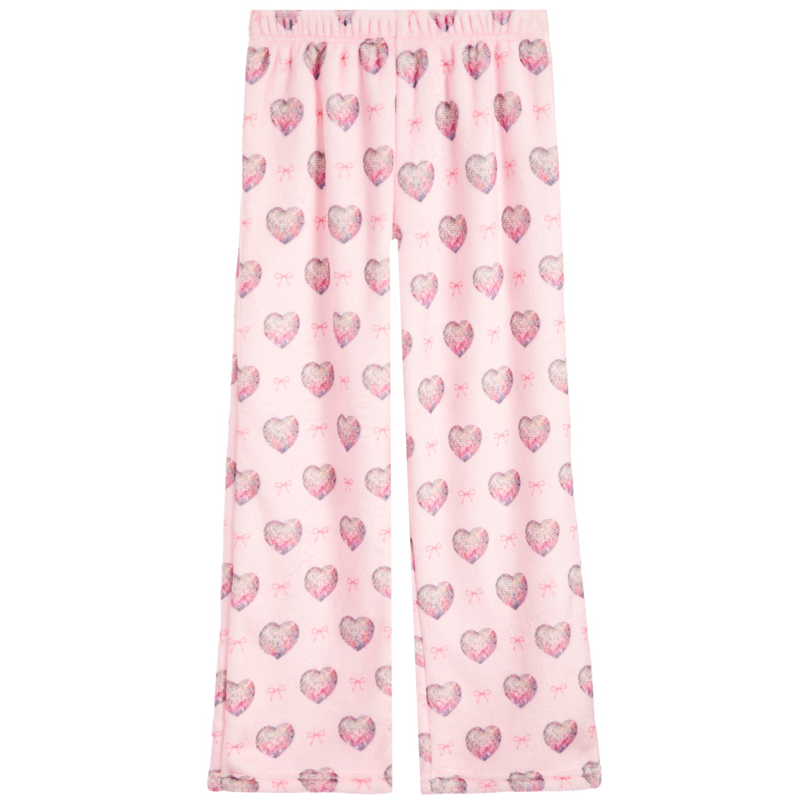 Pink wide-leg lounge pants with an all-over repeating pattern of pink and gray hearts, shown flat against a white background.