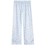 White lounge pants with a blue floral pattern, featuring an elastic waistband and a relaxed straight-leg fit.