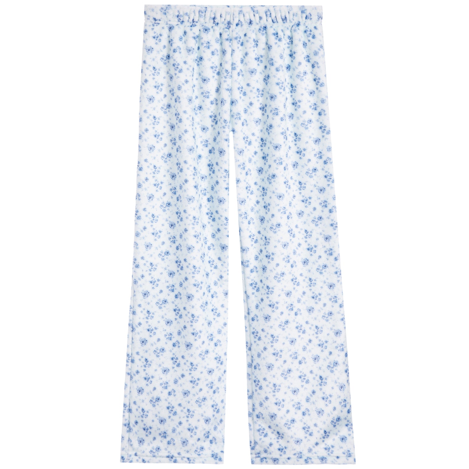 White lounge pants with a blue floral pattern, featuring an elastic waistband and a relaxed straight-leg fit.