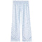 White lounge pants with a blue floral pattern, featuring an elastic waistband and a relaxed straight-leg fit.