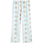 Light blue fleece pants with an all-over print of small beige and white dog illustrations and tiny pink bows, shown flat against a white background.