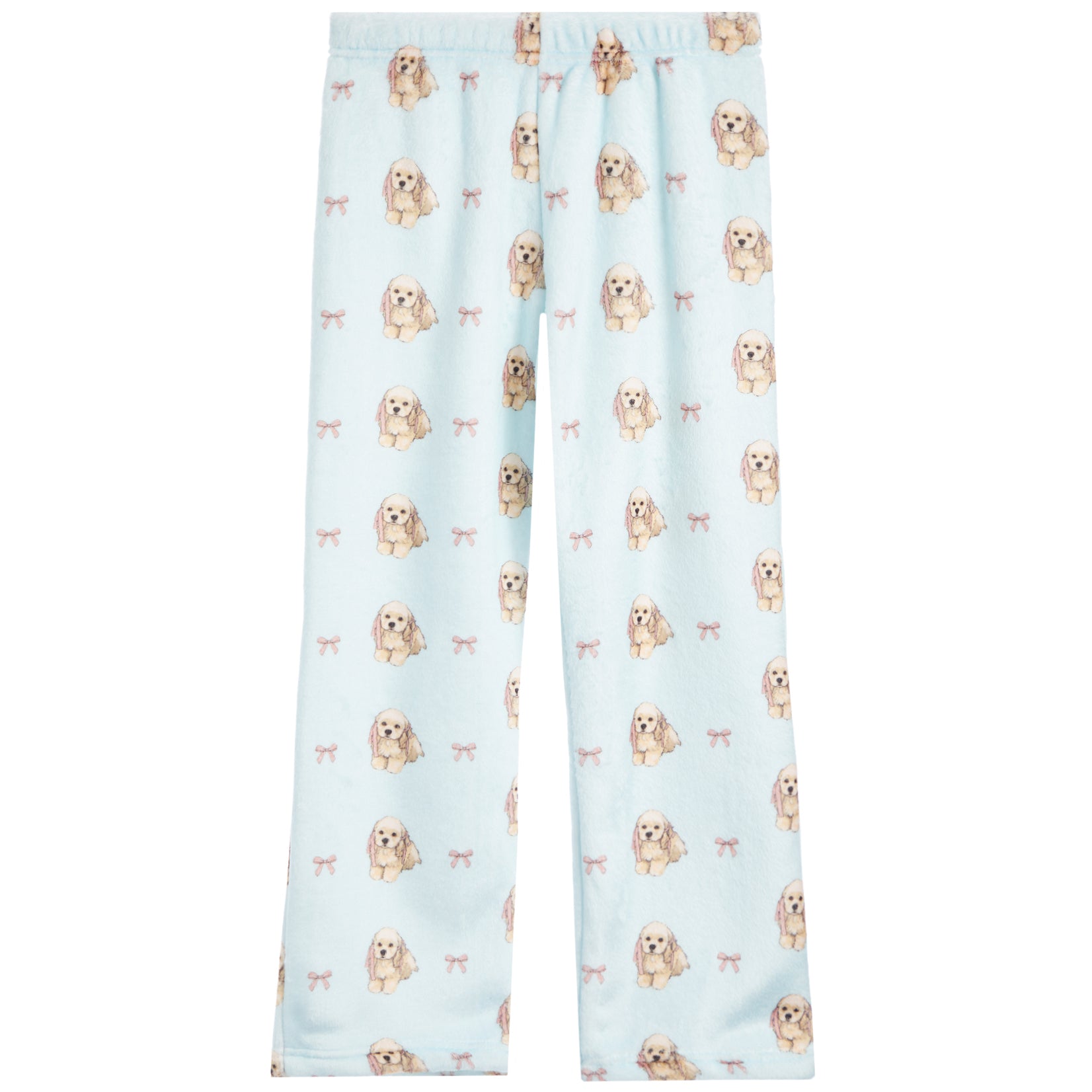 Light blue fleece pants with an all-over print of small beige and white dog illustrations and tiny pink bows, shown flat against a white background.