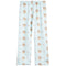 Light blue fleece pants with an all-over print of small beige and white dog illustrations and tiny pink bows, shown flat against a white background.