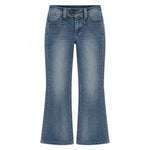 Medium wash blue denim flare jeans shown flat against a solid white background.