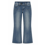 Medium wash blue denim flare jeans shown flat against a solid white background.