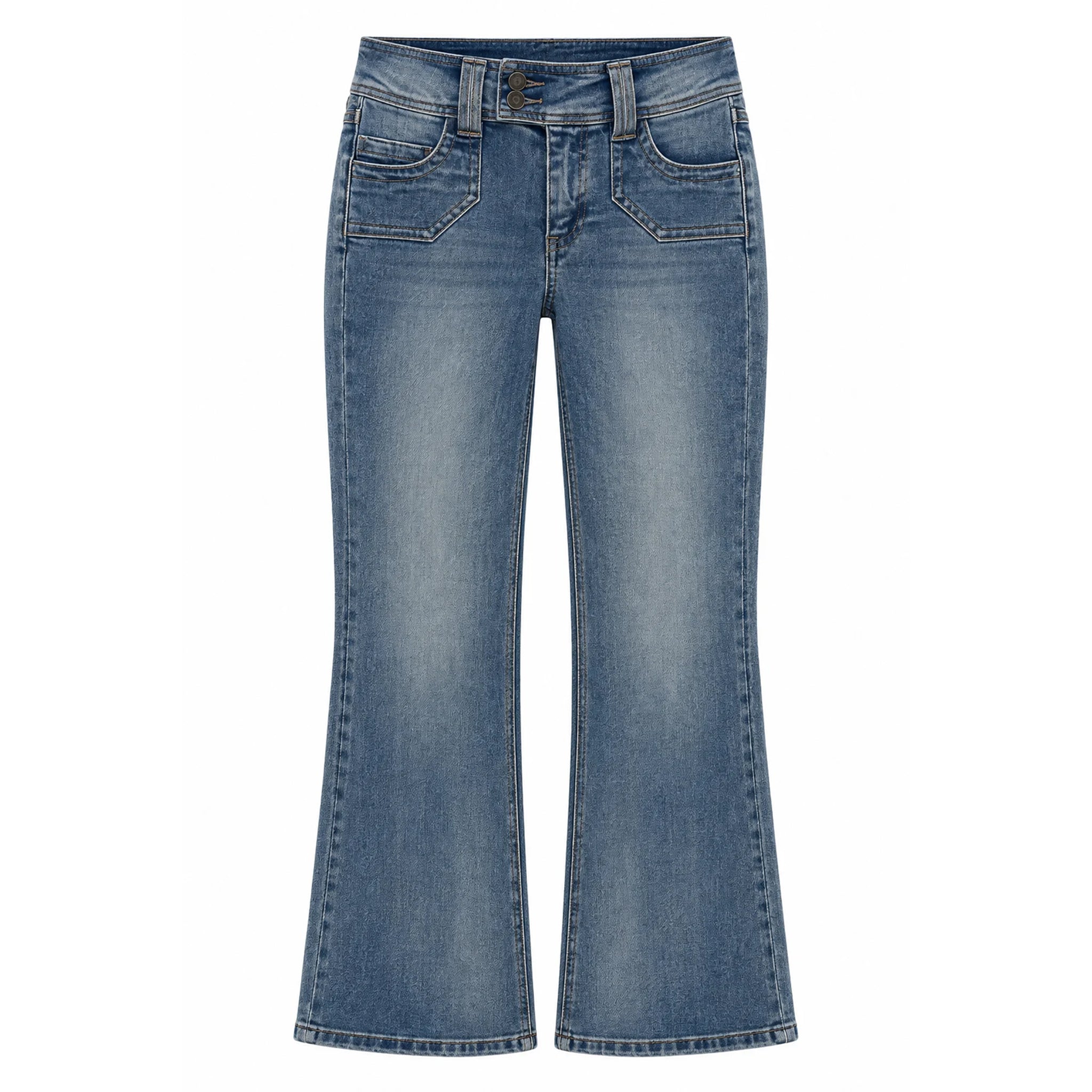 Medium wash blue denim flare jeans shown flat against a solid white background.