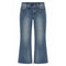 Medium wash blue denim flare jeans shown flat against a solid white background.