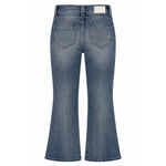 Back view of a pair of medium-wash blue denim flare jeans on a white background.