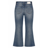 Back view of a pair of medium-wash blue denim flare jeans on a white background.