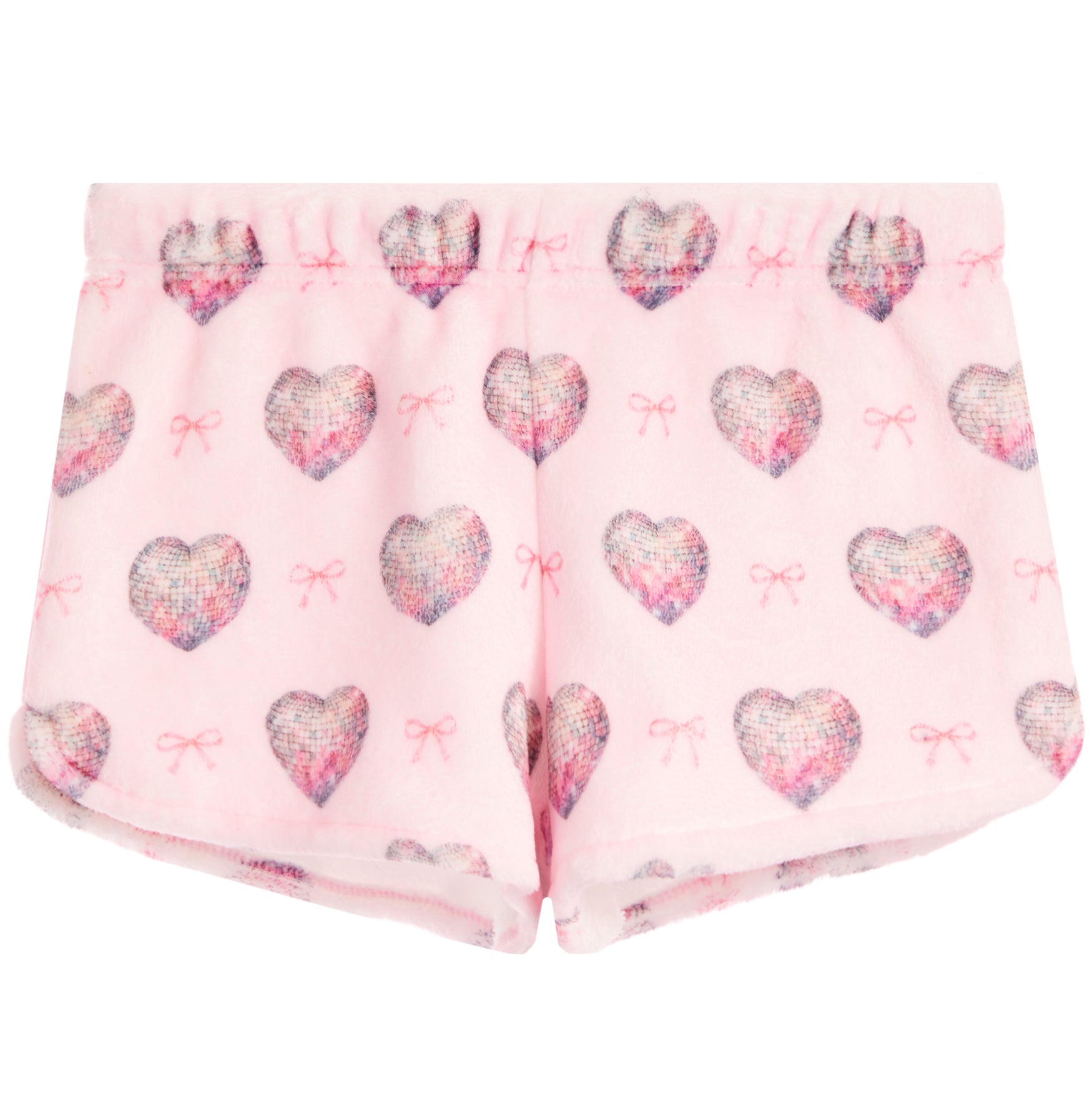 Pink fleece shorts with a repeating pattern of glittery hearts and small bows.