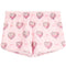Pink fleece shorts with a repeating pattern of glittery hearts and small bows.