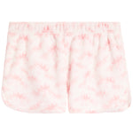 White fleece shorts with a light pink tie-dye floral pattern and an elastic waistband.