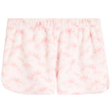 White fleece shorts with a light pink tie-dye floral pattern and an elastic waistband.