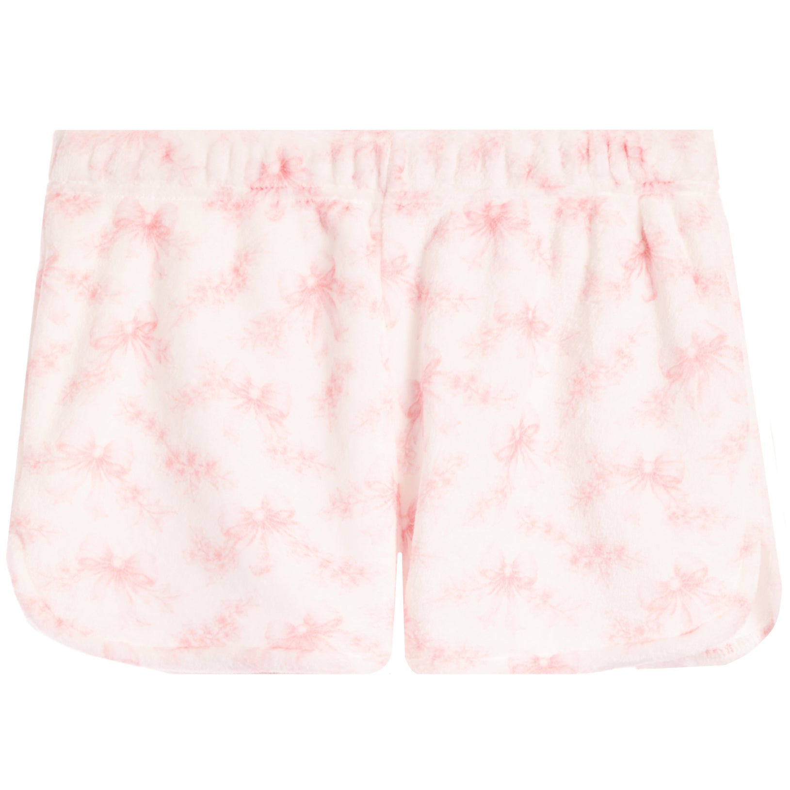 White fleece shorts with a light pink tie-dye floral pattern and an elastic waistband.