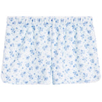 White plush pajama shorts with a blue floral pattern, featuring an elastic waistband.