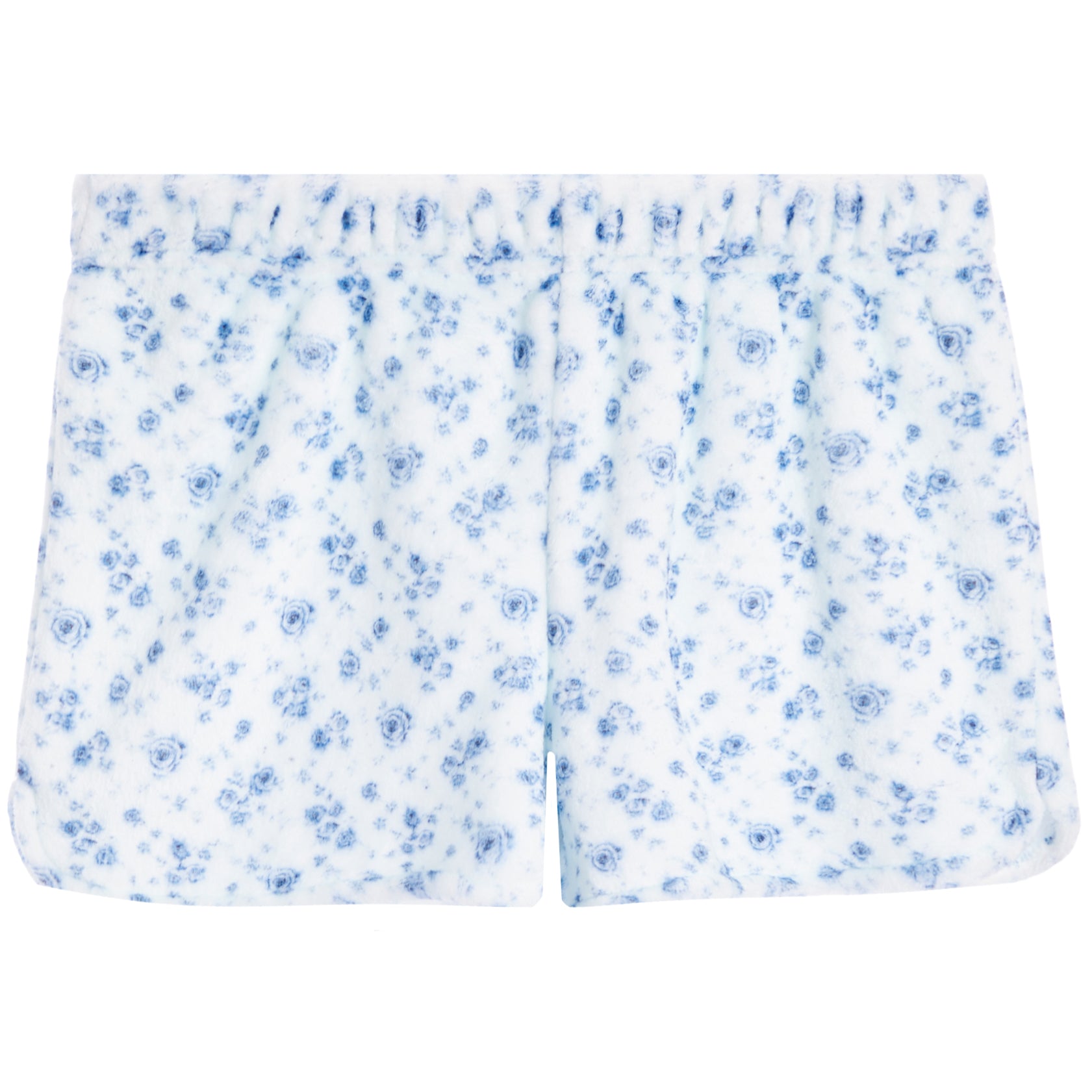 White plush pajama shorts with a blue floral pattern, featuring an elastic waistband.
