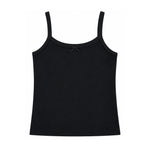A black sleeveless camisole tank top with thin shoulder straps and a small bow detail at the center of the neckline, shown flat against a solid white background.