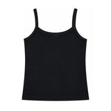 A black sleeveless camisole tank top with thin shoulder straps and a small bow detail at the center of the neckline, shown flat against a solid white background.