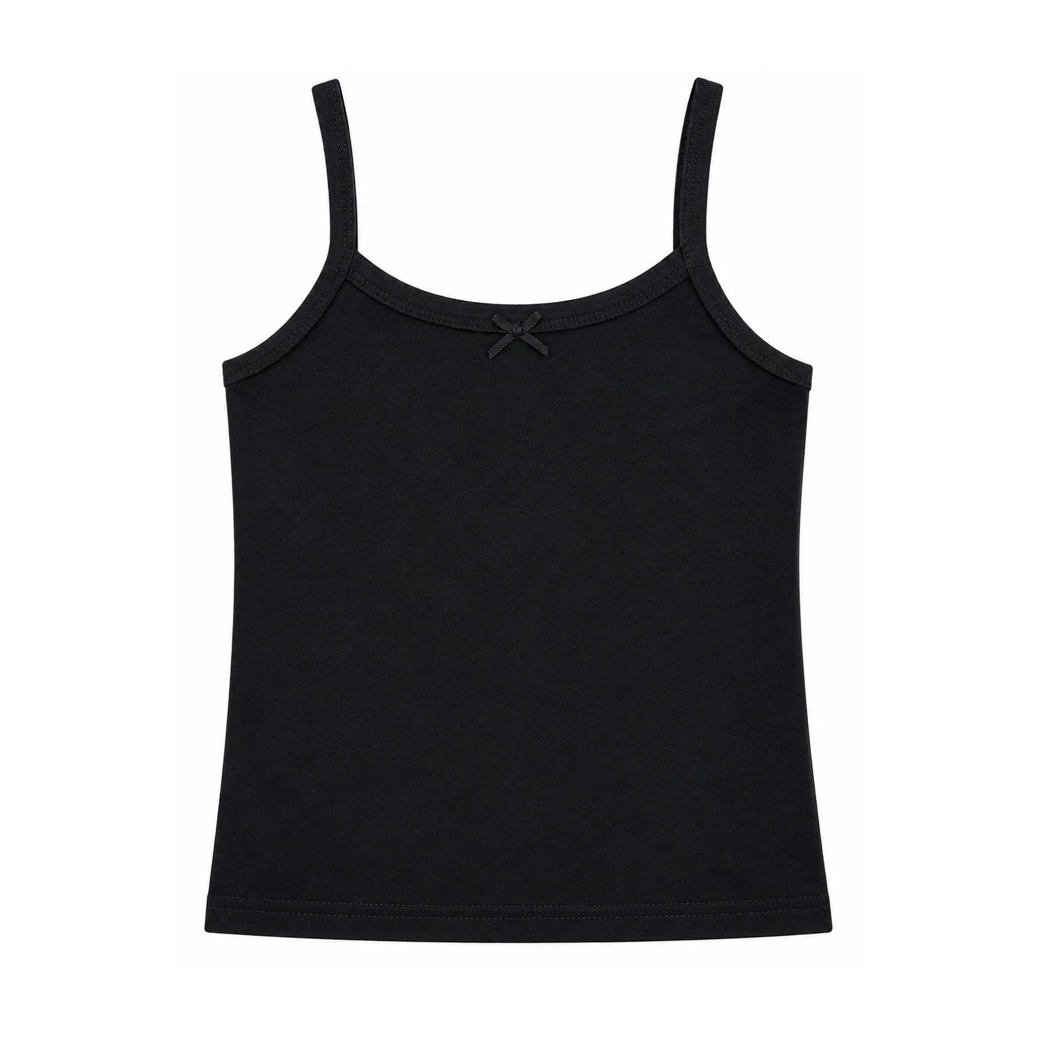 A black sleeveless camisole tank top with thin shoulder straps and a small bow detail at the center of the neckline, shown flat against a solid white background.