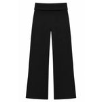 Black wide-leg cropped pants with a wide waistband, shown flat against a solid white background.