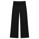 Black wide-leg cropped pants with a wide waistband, shown flat against a solid white background.