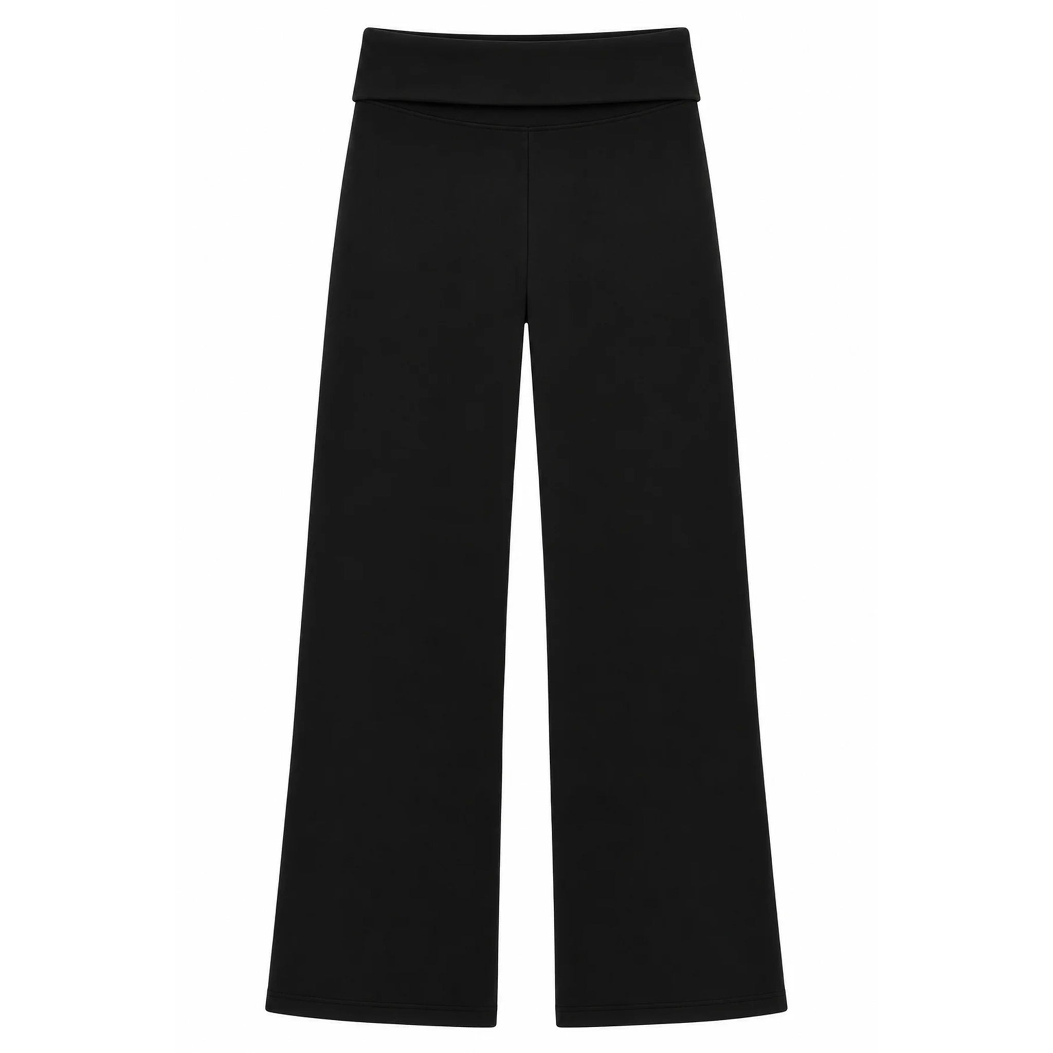 Black wide-leg cropped pants with a wide waistband, shown flat against a solid white background.