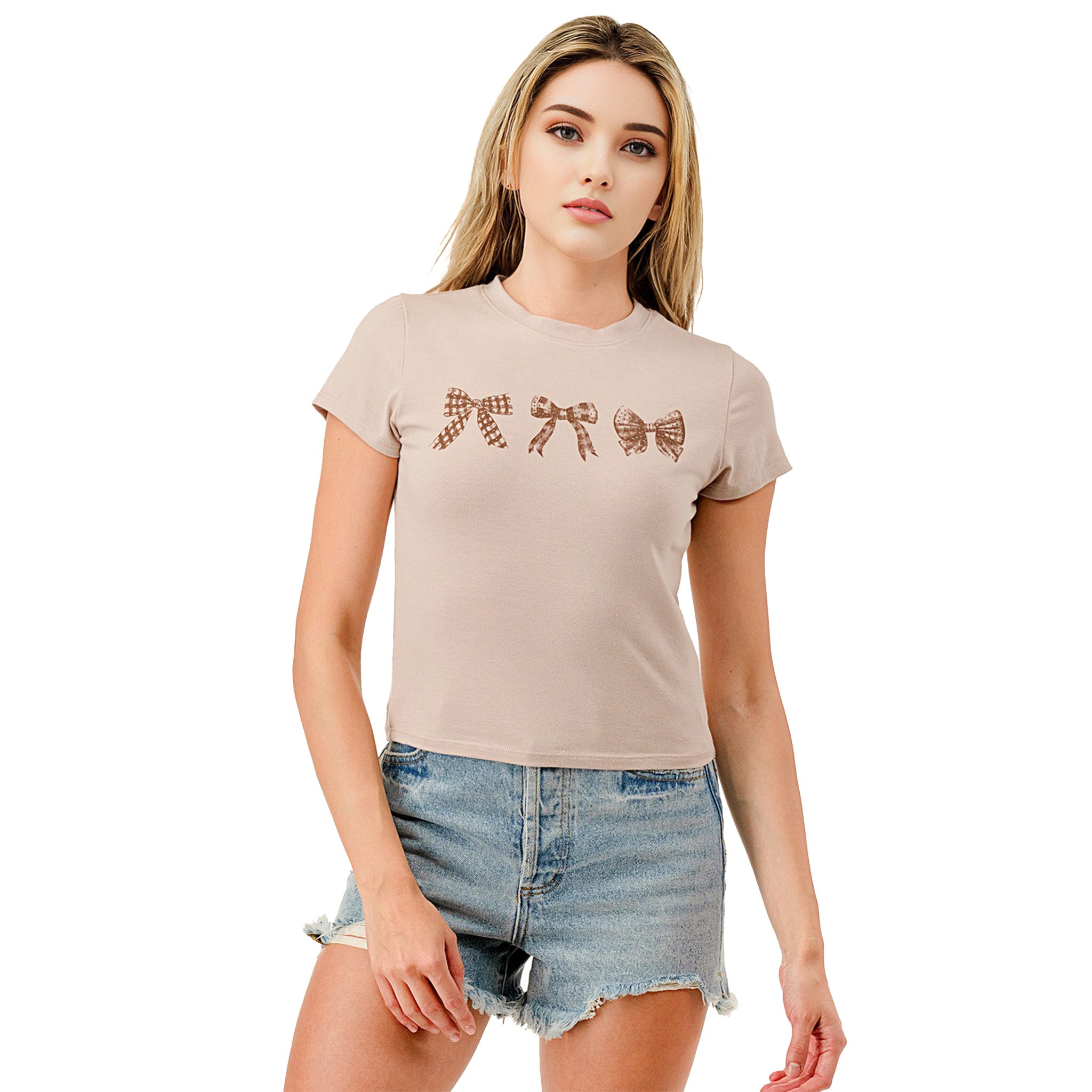 Three Ribbon Print Rhinestones Baby Tee - Denny's