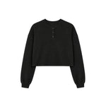 A black long-sleeve cropped henley sweatshirt with three buttons on the chest, displayed flat against a solid white background.