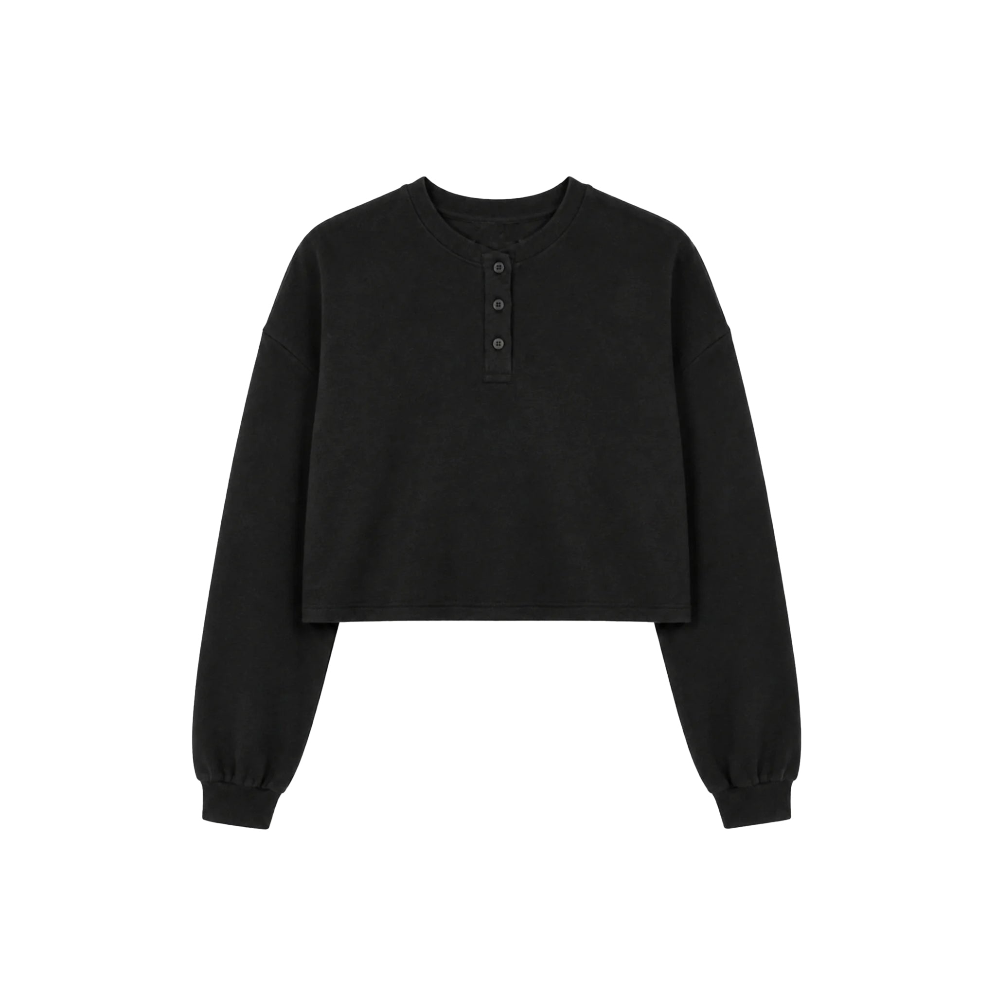 A black long-sleeve cropped henley sweatshirt with three buttons on the chest, displayed flat against a solid white background.