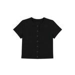A black short-sleeve cropped top with a round neckline and a vertical row of buttons down the front, displayed on a solid white background.