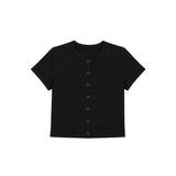 A black short-sleeve cropped top with a round neckline and a vertical row of buttons down the front, displayed on a solid white background.