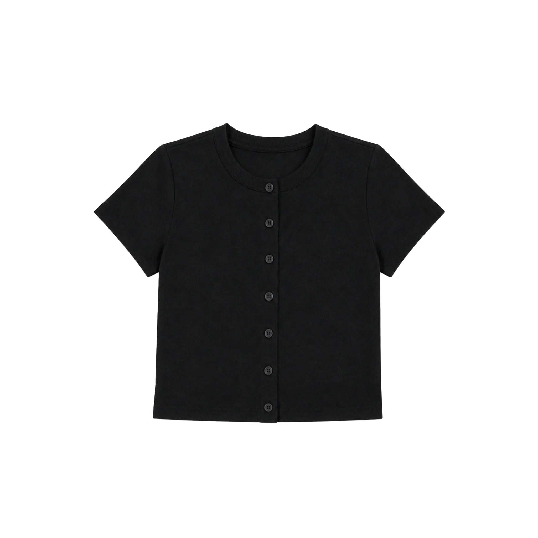 A black short-sleeve cropped top with a round neckline and a vertical row of buttons down the front, displayed on a solid white background.