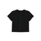 A black short-sleeve cropped top with a round neckline and a vertical row of buttons down the front, displayed on a solid white background.