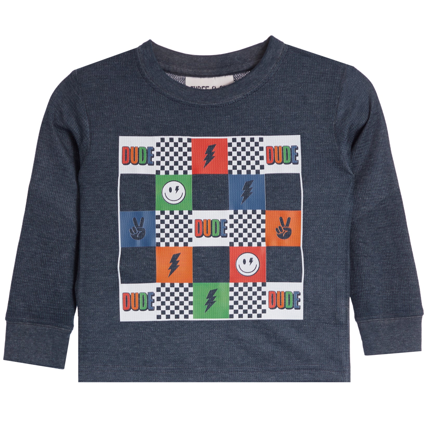 A navy blue long-sleeve baby/toddler shirt with a colorful graphic checkerboard design on the front featuring the word 'DUDE' and various icons like smiley faces, lightning bolts, and peace signs.
