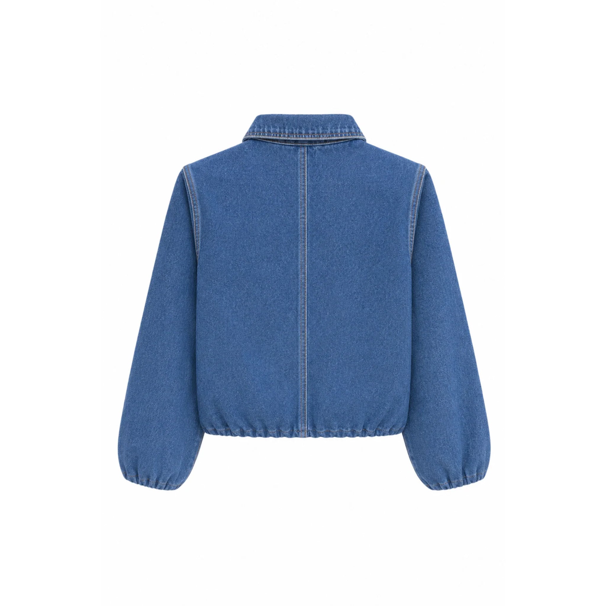 A blue denim jacket with long balloon sleeves and a zippered back, shown from the back on a plain white background.
