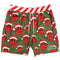 Green swim trunks with an all-over red basketball wearing a Santa hat pattern, a red and white striped waistband, and white drawstrings. A green 'Bigger Than Basketball' logo is printed on the lower right leg.