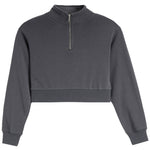 A dark gray cropped long-sleeve sweatshirt with a half-zip mock neck collar, shown against a plain white background.