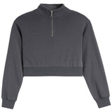 A dark gray cropped long-sleeve sweatshirt with a half-zip mock neck collar, shown against a plain white background.
