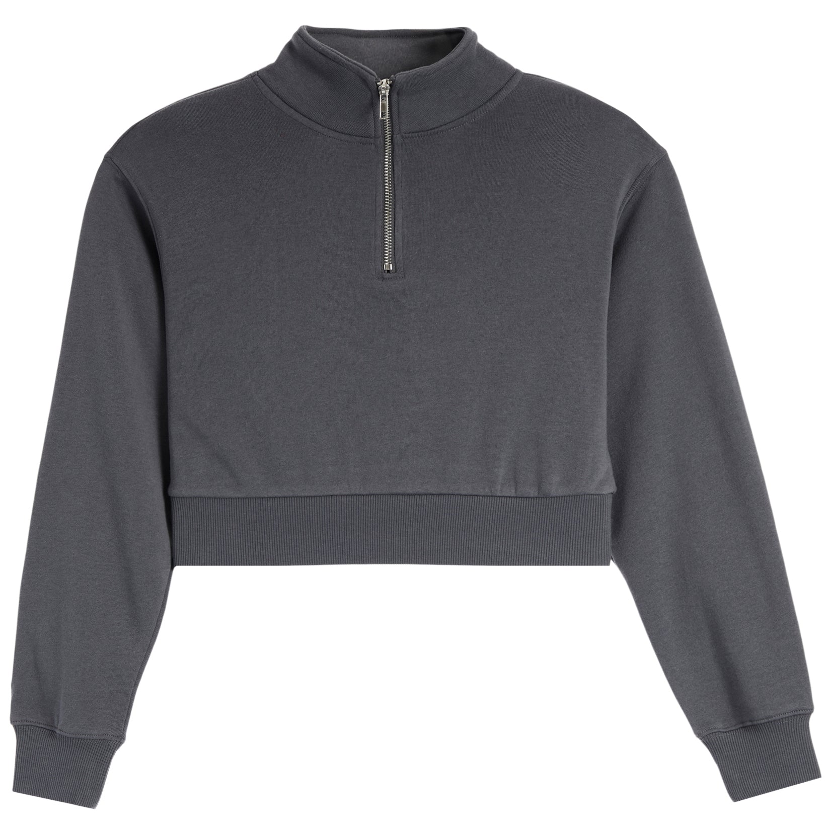 A dark gray cropped long-sleeve sweatshirt with a half-zip mock neck collar, shown against a plain white background.