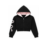 black cropped hoodie with white bow graphic on the sleeve against a solid white background.
