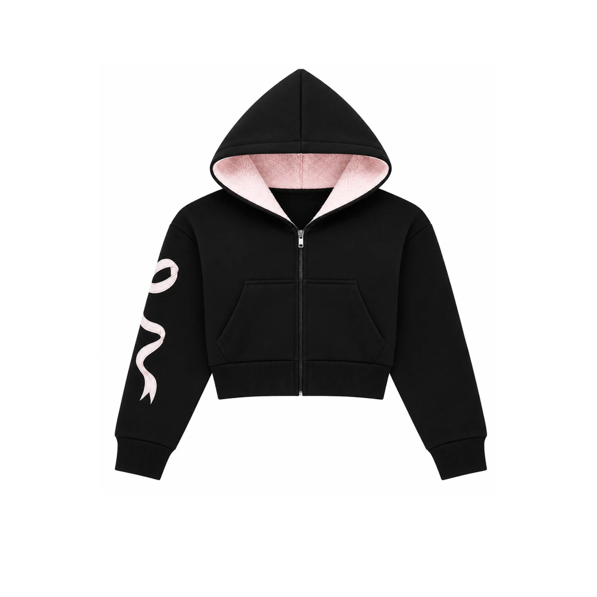 black cropped hoodie with white bow graphic on the sleeve against a solid white background.