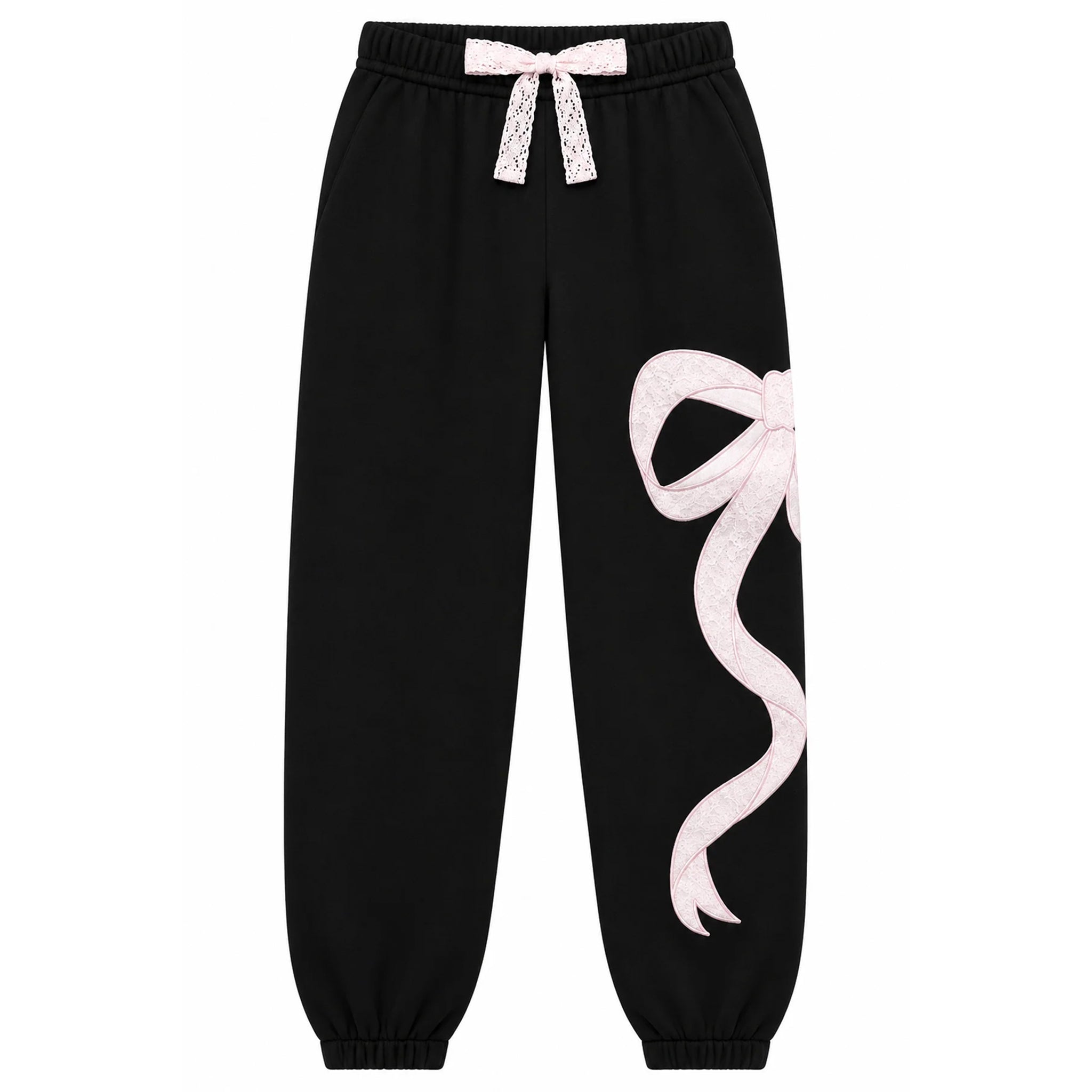 black jogger pants that have a large white ribbon graphic on the leg. 