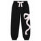 black jogger pants that have a large white ribbon graphic on the leg. 