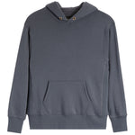 A dark gray pullover hoodie with a kangaroo pocket and gold-tone eyelets on the hood, shown against a plain white background.