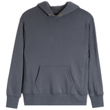 A dark gray pullover hoodie with a kangaroo pocket and gold-tone eyelets on the hood, shown against a plain white background.