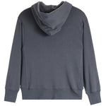 A dark gray pullover hoodie shown from the back, featuring a high draped collar, long sleeves with ribbed cuffs, and a ribbed hem, photographed against a solid white background.