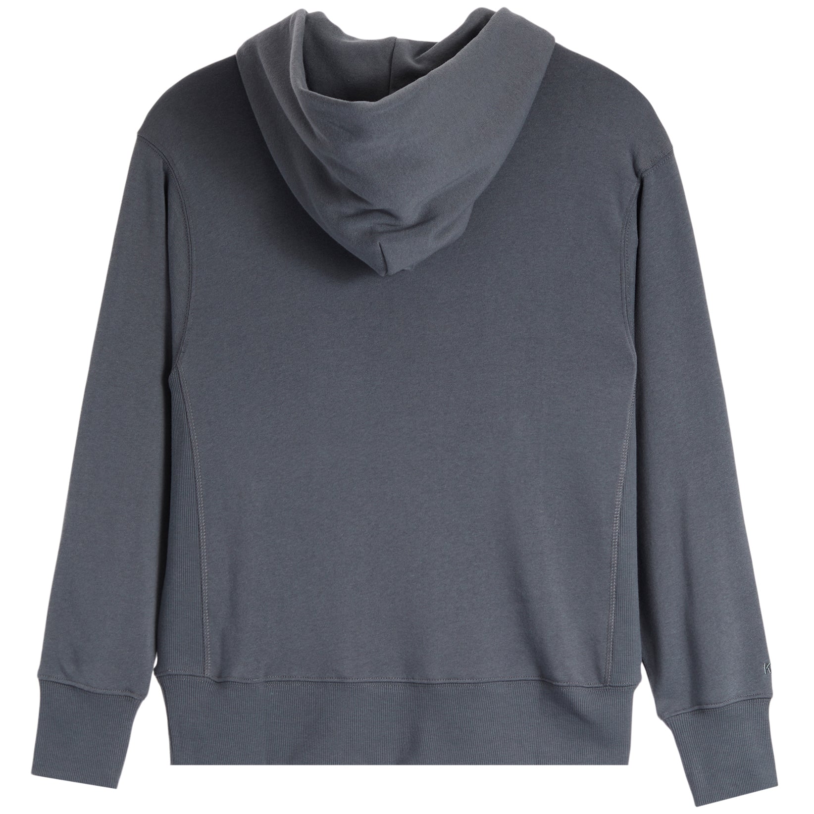 A dark gray pullover hoodie shown from the back, featuring a high draped collar, long sleeves with ribbed cuffs, and a ribbed hem, photographed against a solid white background.