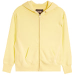 A pale yellow zip-up hoodie with a drawstring hood, front pockets, and ribbed cuffs and hem, shown on a plain white background.
