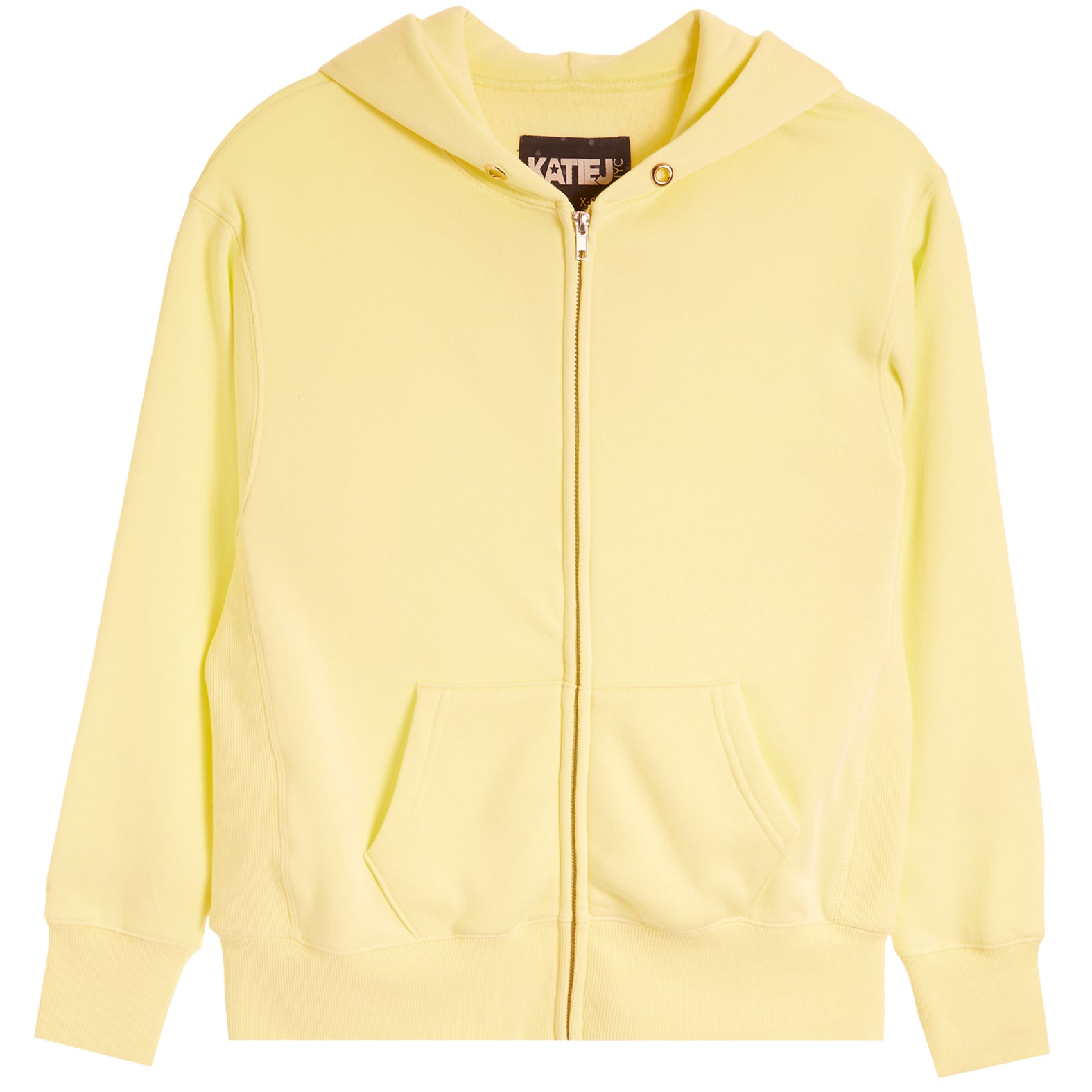 A pale yellow zip-up hoodie with a drawstring hood, front pockets, and ribbed cuffs and hem, shown on a plain white background.