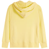 A pale yellow hooded sweatshirt shown from the back, featuring a draped hood and ribbed cuffs and hem, on a plain white background.